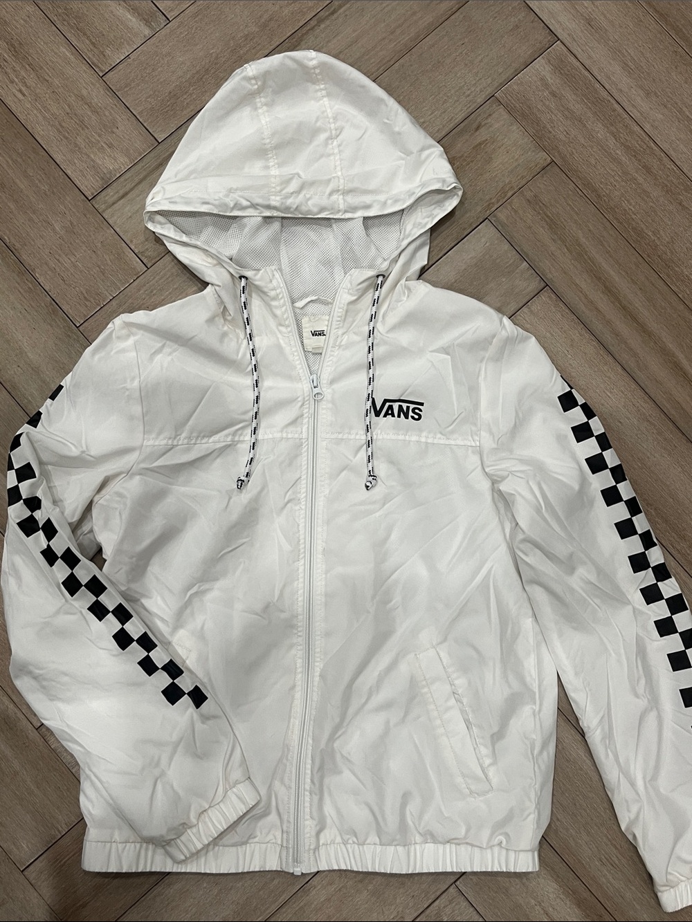 Vans White Hooded Jacket with Black Checker Trim